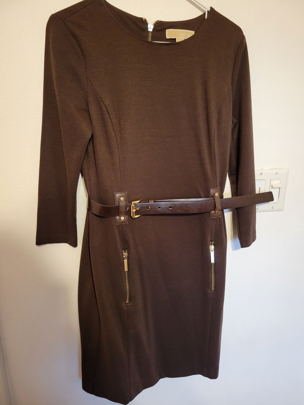 MICHAEL Michael Kors Chocolate Brown Long-Sleeve Belted Sheath Dress